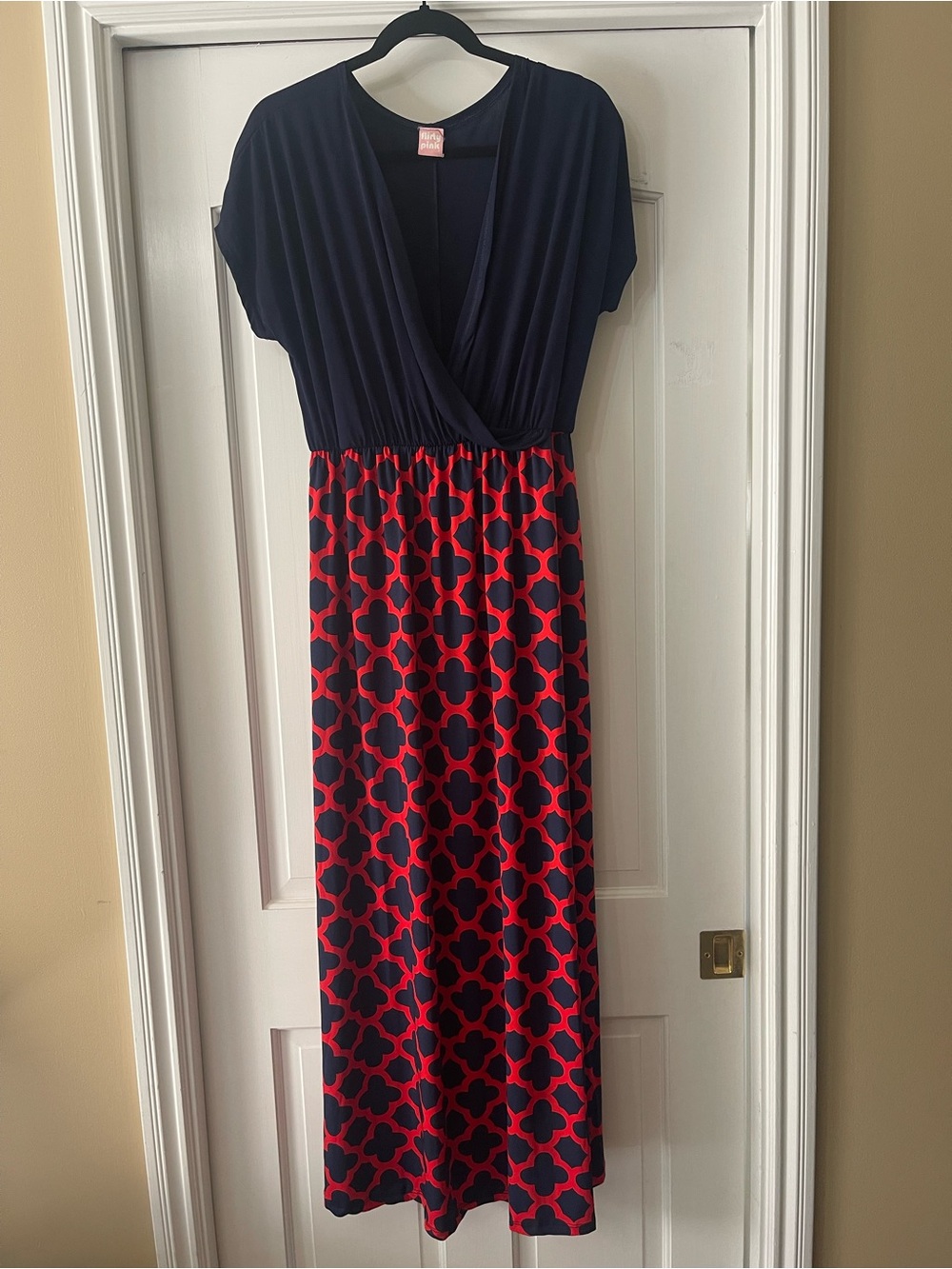 Navy and Red Geometric Maxi Dress with Surplice Neck